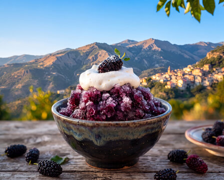 Sicilian black mulberry granita (Granita ai Gelsi Neri) topped with fresh cream in glazed ceramic bowl on wood table against view of Peloritani mountains and Sicilian hillside village background.