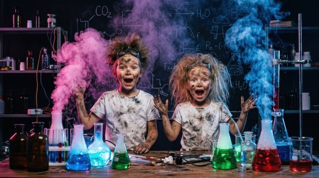 Two messy children with wild hair and dirty faces look surprised after a science experiment explosion in a lab, showcasing fun STEM education and childhood curiosity within a classroom environment