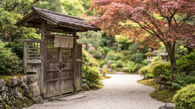 Traditional Japanese garden wooden gate. Zen entrance with gravel path and maple trees.