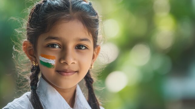 Little indian girl with indian flag painted on her cheek smiles, symbolizing independence day or republic day.