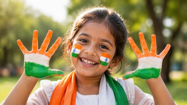Little indian girl showing painted hands with indian flag colors in green park celebrating independence day.