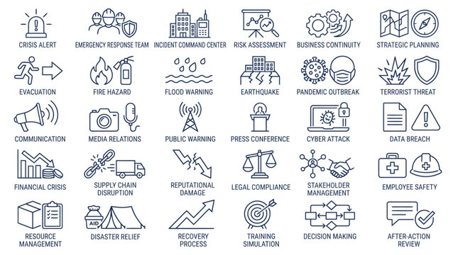 Crisis Management and Disaster Response Icon Set, 30 Business Continuity Line Icons, Emergency Preparedness and Risk Assessment Vector Graphics