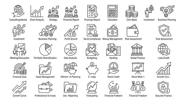 Business and Finance Icon Set, 40 Line Vector Icons for Financial Planning and Data Analysis, Professional Corporate Management Symbols for Web Design