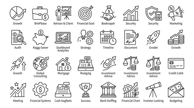 Business and finance line icons set, 32 professional banking and investment vector symbols, minimalist financial growth and corporate strategy graphics