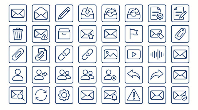 Minimalist email and communication line icons, set of 40 vector interface symbols, dark blue outline web buttons for business messaging and digital mail