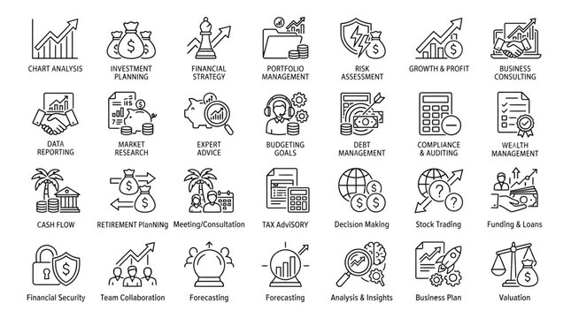 Business and Financial Strategy Line Icons, Set of 28 Professional Finance Symbols, Corporate Investment and Wealth Management Vector Graphics