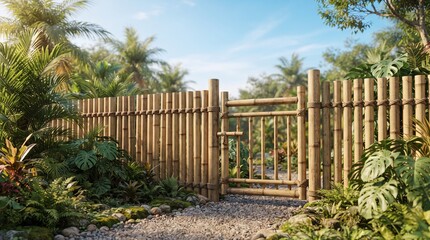 Fototapeta premium Bamboo fence with gate in tropical garden. Wooden barrier entrance in exotic landscape.