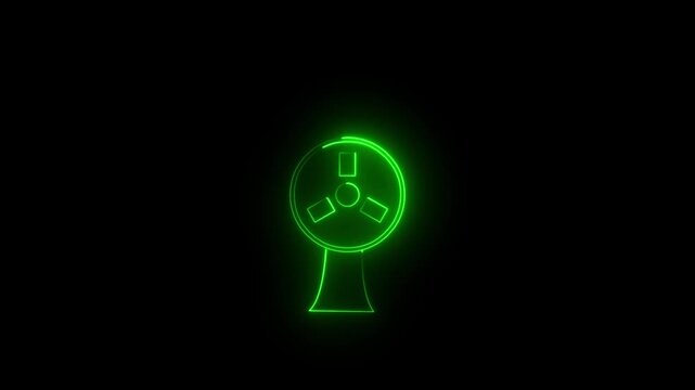 Green Neon Table Fan icon, Electric Desktop Fan with Three Blades on Black Background.