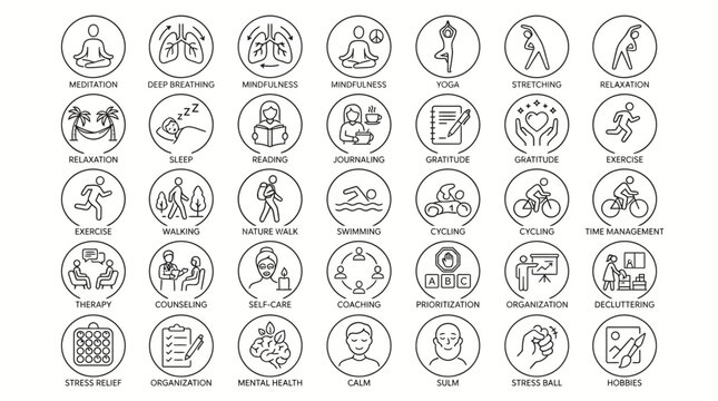 Mental health and self care line icons, 35 wellness and mindfulness vector symbols, stress relief and lifestyle balance collection for web and apps