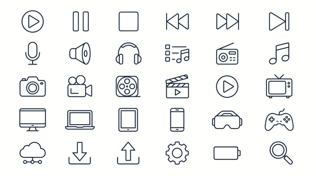 Minimalist multimedia line icon set, 30 digital entertainment and technology vector symbols, modern black outline media player and device icons
