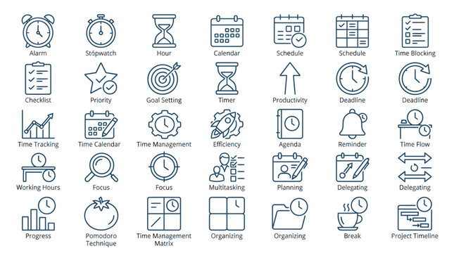 Time management line icons set, productivity and schedule planning vector elements, business organization and deadline tracking symbols
