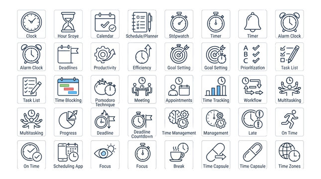 Time management icons set, 40 productivity and scheduling line icons, business planning and workflow vector elements for project management