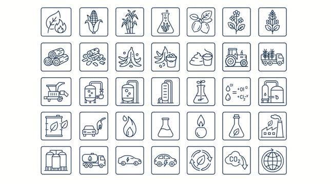 Biofuel and renewable energy icons set, 35 thin line vector symbols for biomass production, sustainable fuel technology and green industry concepts