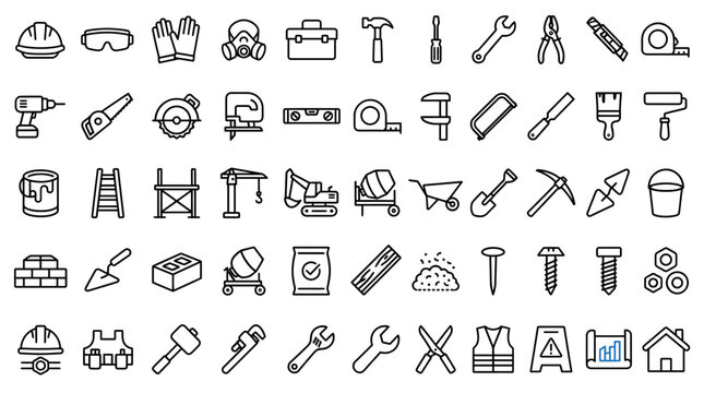 Construction tools line icons set, industrial building equipment and hardware vector collection, 60 repair and renovation outline symbols