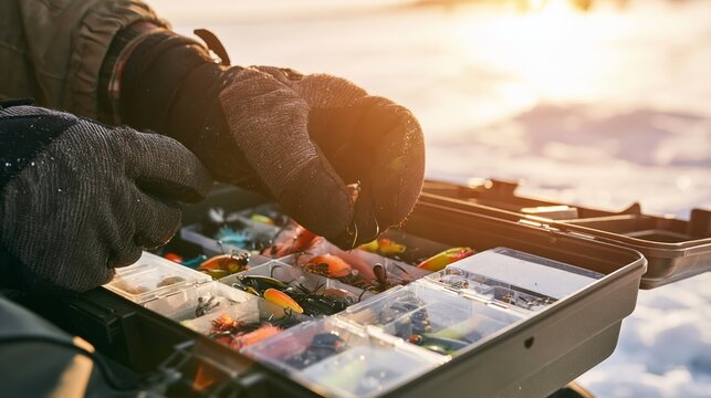 Gloved hands selecting colorful ice fishing lures from tackle box, preparing for a cold weather catch