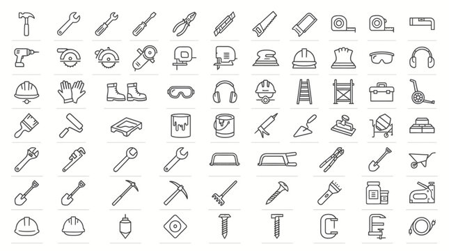 Construction tools line icon set, 70 industrial hardware and building equipment vectors, professional repair and home renovation outline symbols