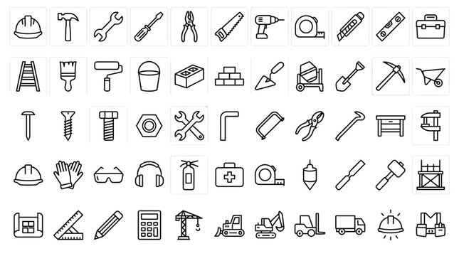 Construction tools line icons set, 60 building equipment vector symbols, industrial hardware and DIY renovation outline graphics for web design