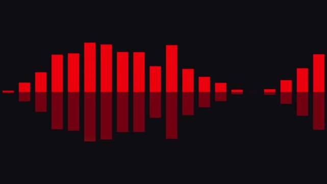 Abstract red audio waveform visualization motion graphics loop displaying dynamic sound frequency spectrum pulses on dark background.