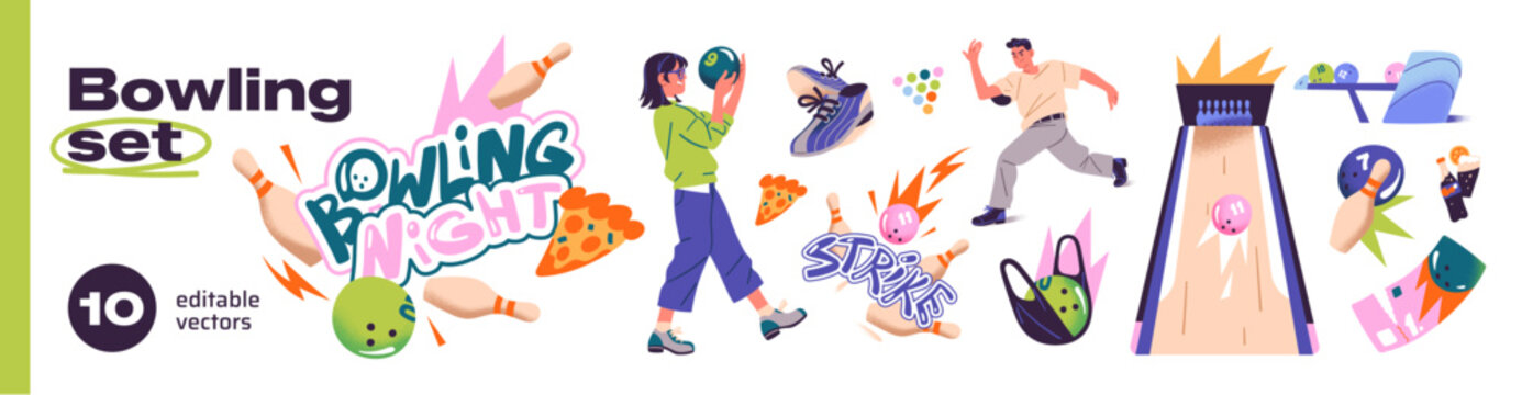 Bowling sticker pack. Set of bowling items. Sliding on lane ball knocks down pins. People in shoes play game. Activity in sports club. Characters have fun. Flat isolated vector illustrations on white