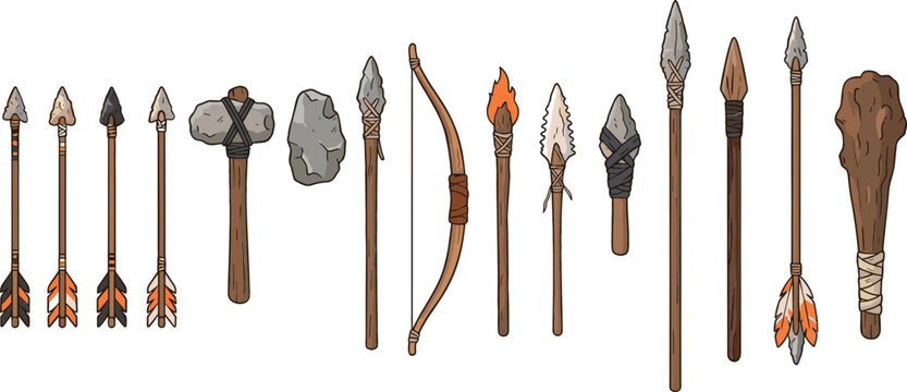 Prehistoric stone age weapons icons set including wooden bow arrows axe hammer spear torch and club vector illustration