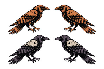 Obraz premium set of Cosmic Raven with Celestial Elements Vector Illustration Isolated on White Background