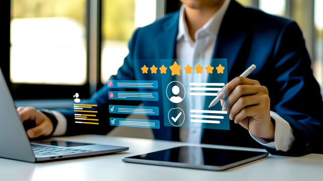 Professional businessman using digital interface for customer review and feedback analysis in modern corporate office