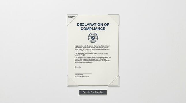 Professional declaration of compliance document showing official regulatory standards and certification stamp for business quality assurance purposes and legal archive documentation on white