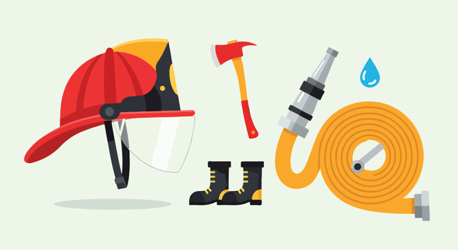 Firefighter equipment and tools on display.