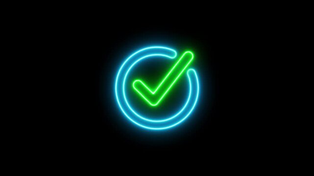 Glowing neon Animated green check mark icon. glowing neon check mark animation. Success, Approval, Validation, Completion. Check mark animation with green neon circle. Check mark success and approval 