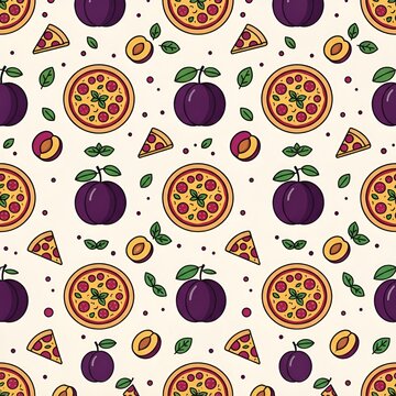 A vibrant and playful seamless pattern illustration featuring delicious pizza slices and ripe plums, perfect for food and culinary-themed designs