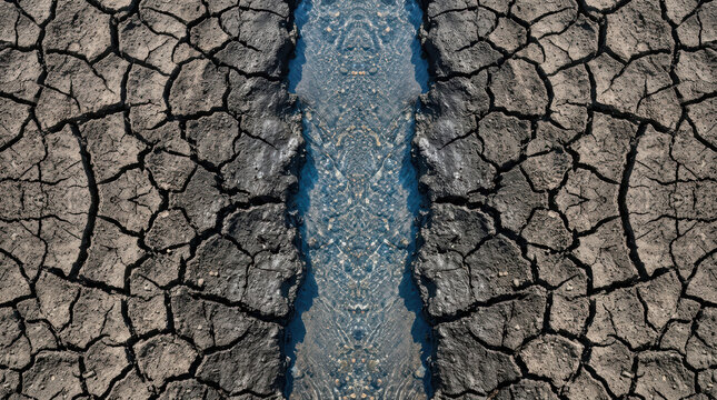 Dry cracked soil with narrow stream of clean water flowing through it showing limited water access in drought conditions
