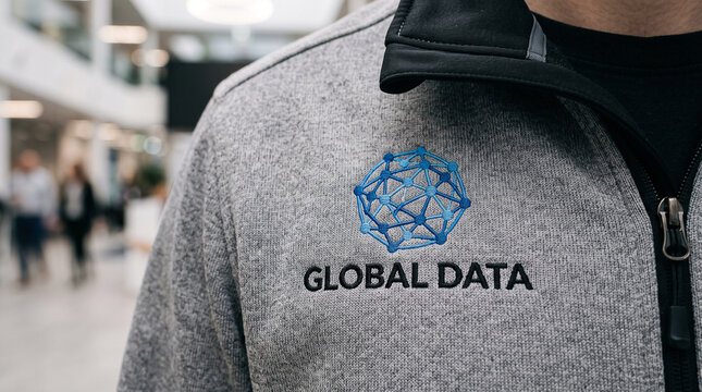 Heather grey zip up fleece jacket mockup close up with embroidered blue network sphere logo and GLOBAL DATA text

