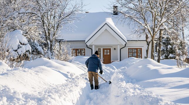Person clearing snow path in front of a house, winter scene, shoveling fresh white snow on a sunny day