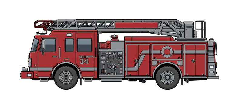Red Fire Engine Truck with Extendable Ladder Side View Detailed Outline Illustration