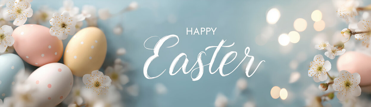 Pastel eggs and spring cherry blossoms arranged on a light blue background with festive bokeh lighting