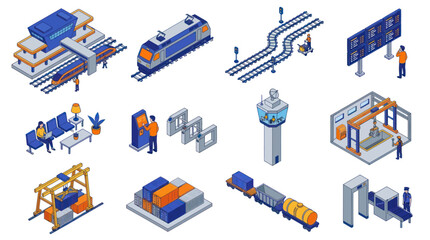 Isometric Railway Transport and Logistics Icons Set. © Duren
