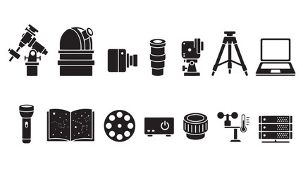 Astronomy and space science icons set, 15 black vector symbols for astrophysics and stargazing, telescope and observatory research graphics © Anika