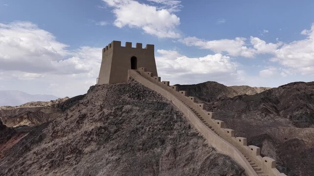 Ancient Chinese Great Wall Watchtower and Fortification on Rugged Mountains in Gansu Province, Northwest China