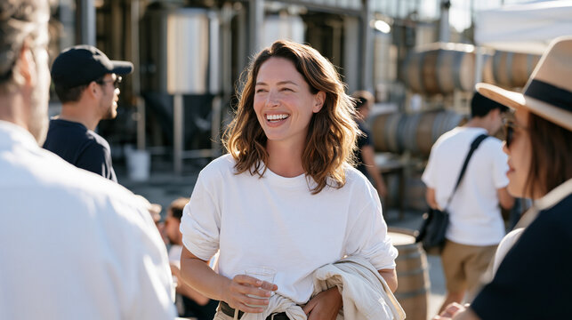 Cidery production floor visible through wide windows as a returning parent in her thirties stands in a crowded farmers market square, wide establishing shot showing her reconnecting with colleagues 