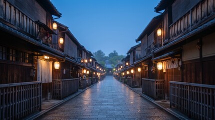 Fototapeta premium Traditional wooden street in Japan at dusk. Historic town alley with glowing paper lanterns.