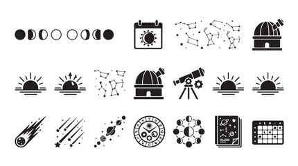Astronomy and space science icons set, 15 black vector symbols for astrophysics and stargazing, telescope and observatory research graphics © Anika
