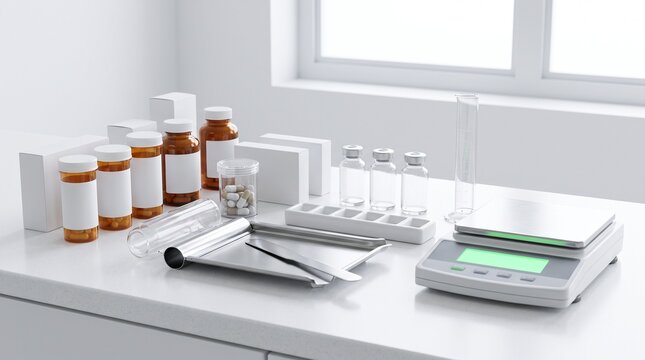 Pharmacy counter features labeled medicine bottles and digital weighing scales for precise pharmaceutical compounding tasks.