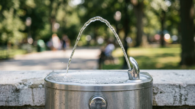 Drinking water fountain in park with clean water access providing fresh hydration in outdoor public space on sunny day
