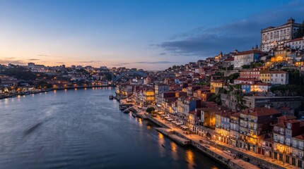 Obraz premium Aerial view of colorful riverside houses at dusk. European city skyline at twilight.