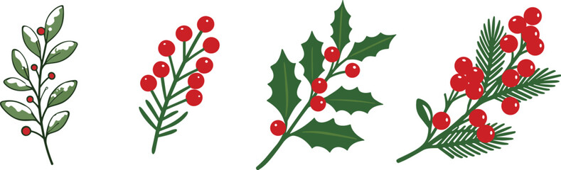 Set of hand drawn watercolor and ink holly berry branches for christmas and winter holiday design. Set with winter green plants and berries, mistletoe leaves, christmas berries. © Creative Tahmina