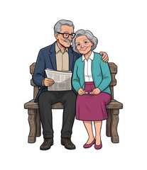 Obraz premium Smiling senior Caucasian couple sitting on a wooden bench man reading a newspaper woman holding glasses together