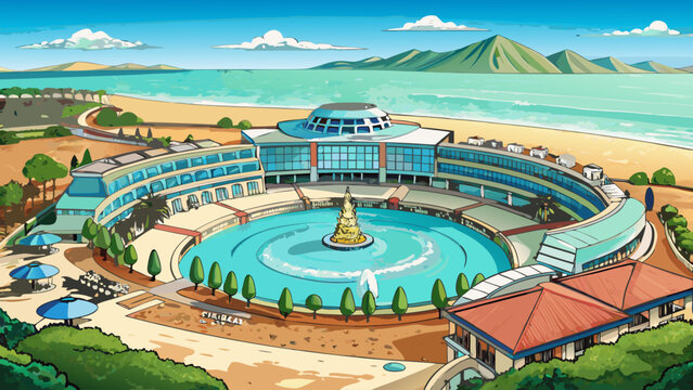 Very beautiful realistic vector illustration of the enormous San Alfonso del Mar Pool with turquoise water and coastal scenery, centered caption below illustration: "SAN ALFONSO DEL MAR", isolated on 