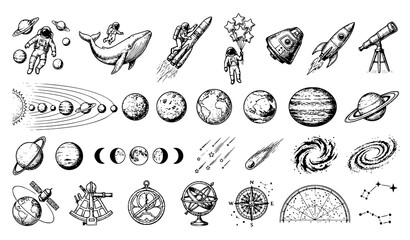 Vintage Engraved Astronaut Solar System and Whale Space Vector Collection © Md