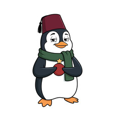 Fototapeta premium Cute penguin wearing a red fez hat and green scarf holding a red Christmas ornament with a gold star smiling calmly