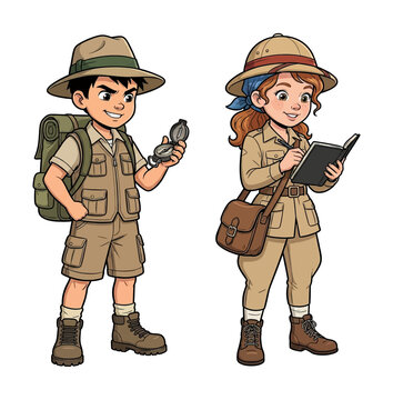 Two happy diverse children explorers a boy with a compass and a girl writing in a journal discovering new things